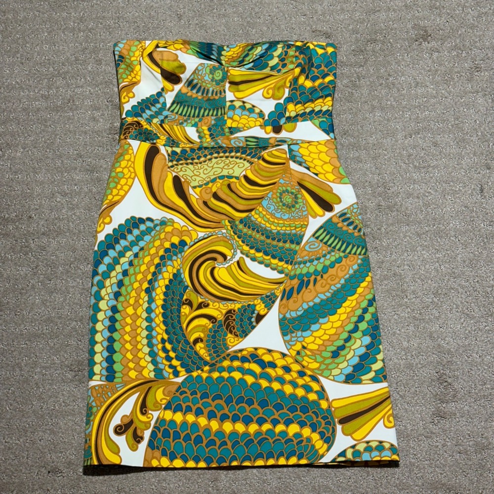 Banana Republic Trina Turk Strapless Sheath Dress Yellow Teal Print Size 6